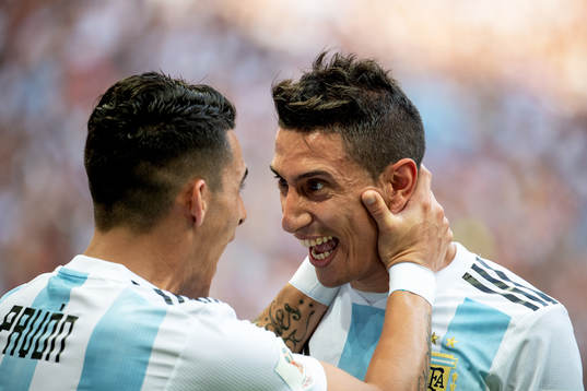 Angel Di Maria of Argentina celebrates with his teammates