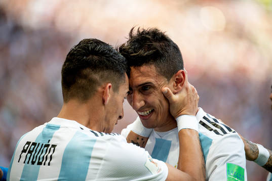 Angel Di Maria of Argentina celebrates with his teammates