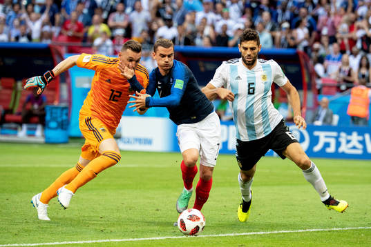 Antoine Griezmann of France and goalkeeper Franco Armani