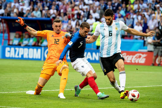 Antoine Griezmann of France and goalkeeper Franco Armani