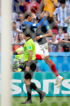 Kylian Mbappe of France celebrates with Antoine Griezmann