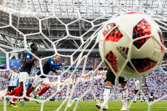 Kylian Mbappe of France  (not pictured) scores 3-2 and Paul
