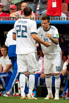 Artem Dzyuba and Fedor Smolov of Russia