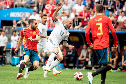 Dani Carvajal of Spain and Fedor Kudriashov of Russia