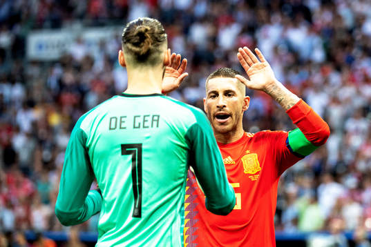 goalkeeper David De Gea and Sergio Ramos of Spain