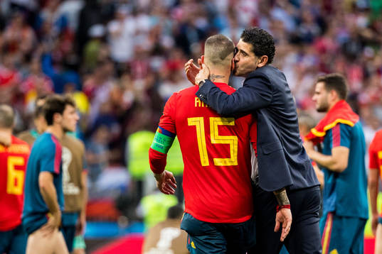Sergio Ramos and head coach Fernando Hierro of Spain