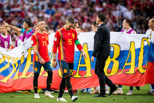 Sergio Ramos and Iago Aspas of Spain looks dejected