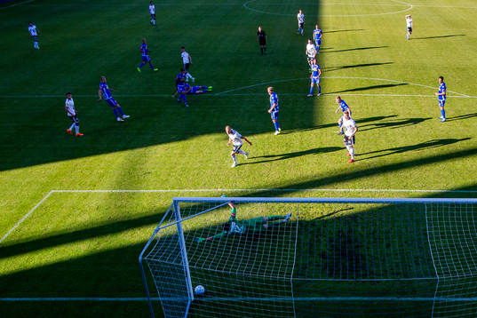 Jonathan Levi of Rosenborg scores 1-0 behind goalkeeper