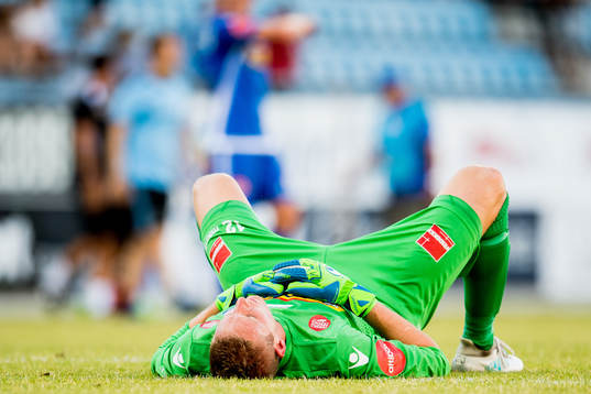 Goalkeeper Eirik Holmen Johansen of Sandefjord looks