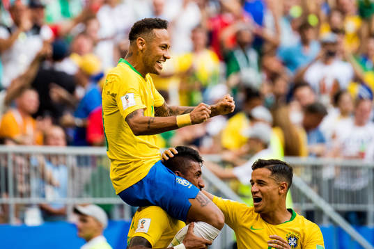 Neymar of Brazil celebrates the 1-0 goal with his teammates