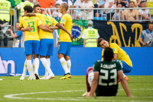 Players of Brazil celebrate