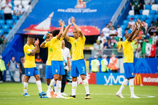 Miranda of Brazil celebrates with his teammates