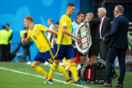 Emil Krafth is substituted for Mikael Lustig of Sweden