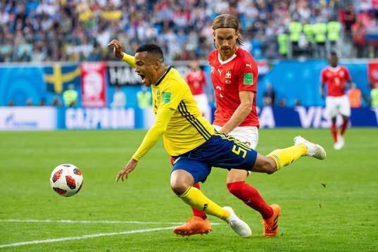 Martin Olsson falls and is awarded a free kick in a duel