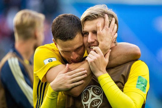 Marcus Berg and Emil Forsberg of Sweden celebrate