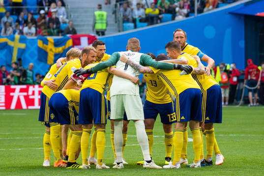 Players of Sweden prior to the FIFA World Cup round of 16