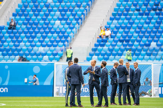Swedish players inspect the pitch prior to the FIFA World