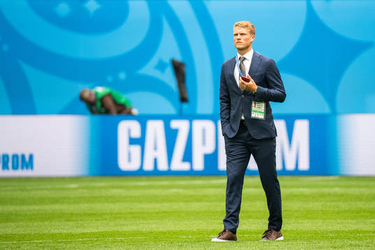 Oscar Hiljemark of Sweden inspects the pitch prior to the
