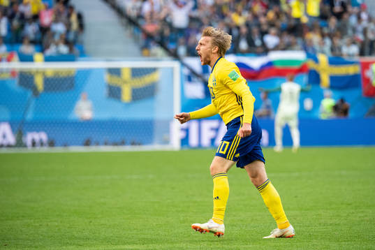 Emil Forsberg of Sweden celebrates scoring 1-0during the