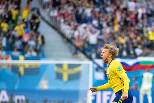 Emil Forsberg of Sweden celebrates scoring 1-0during the