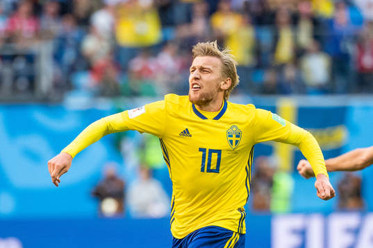 Emil Forsberg of Sweden celebrates scoring 1-0during the