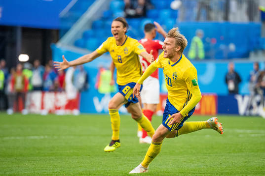 Emil Forsberg of Sweden celebrates scoring 1-0during the