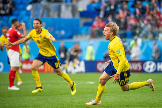 Emil Forsberg of Sweden celebrates scoring 1-0during the