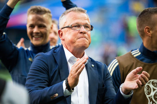 Head coach Janne Andersson of Sweden celebrates