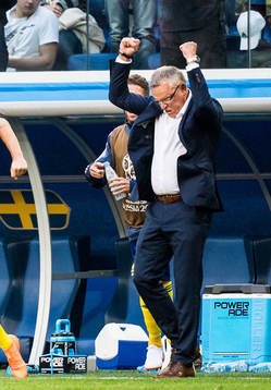 Head coach Janne Andersson of Sweden celebrates