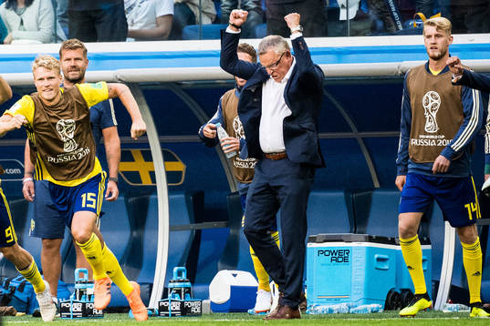 Head coach Janne Andersson of Sweden celebrates