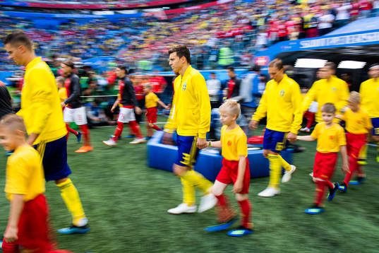 Victor Nilsson Lindelöf of Sweden enters the pitch prioir