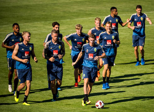 The players of the Swedish national football team warming