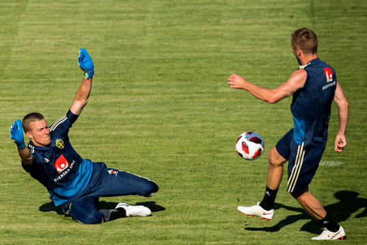 Goalkeeper Karl-Johan Johnsson and Sebastian Larsson of the