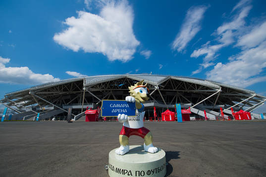 The FIFA 2018 World Cup Mascot Zabivaka in front of Samara