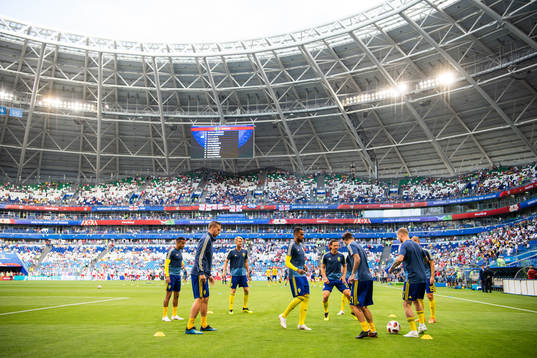 Players of Sweden prior to the FIFA World Cup quarter final