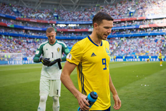 Goalkeeper Robin Olsen and Marcus Berg of Sweden