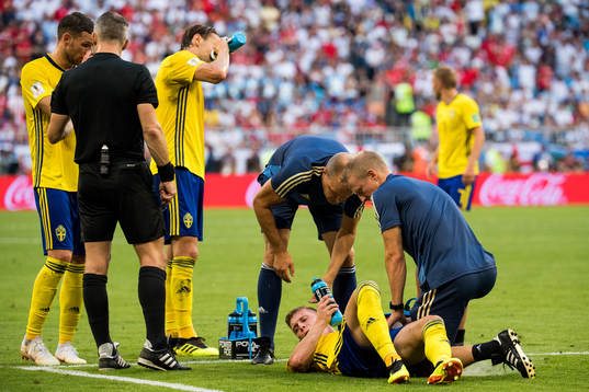 Emil Krafth of Sweden with an injury