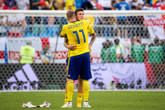 John Guidetti and Victor Nilsson Lindelöf of Sweden look