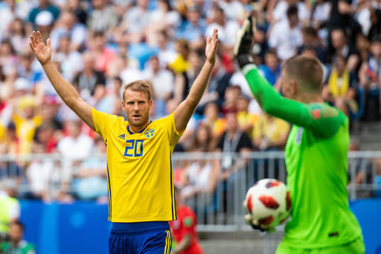 Ola Toivonen of Sweden reacts against goalkeeper Jordan