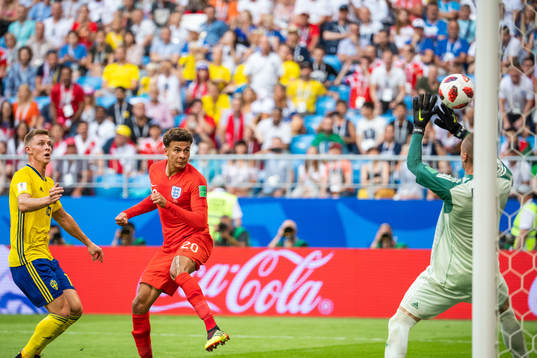 Emil Krafth and goalkeeper Robin Olsen of Sweden  sees Dele