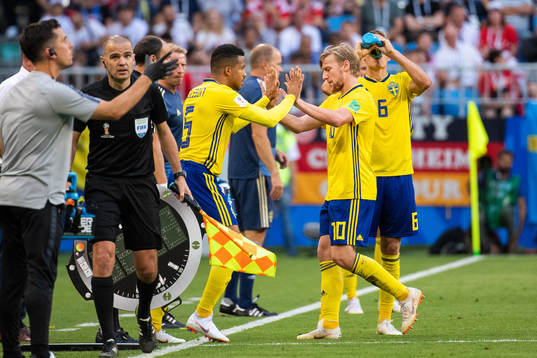 Emil Forsberg is substituted for Martin Olsson of Sweden