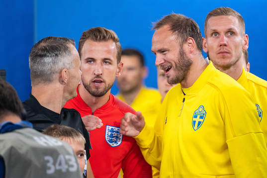 Andreas Granqvist of Sweden and Harry Kane of England prior