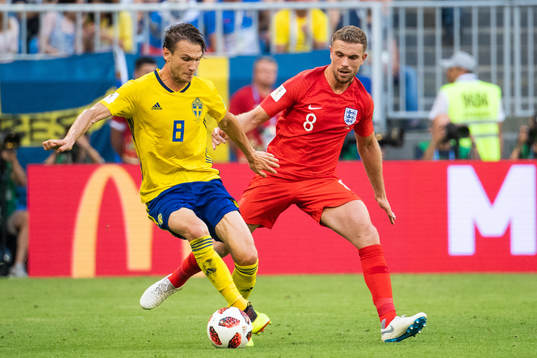 Jordan Henderson of England and Albin Ekdal of Sweden