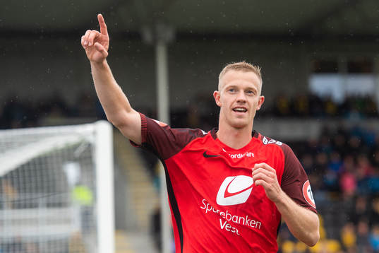 Peter Orry Larsen of Brann celebrates scoring 1-2