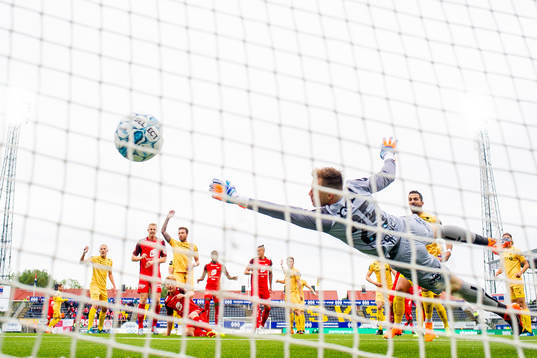 Sivert Heltne Nilsen of Brann scores the 0-1 goal behind