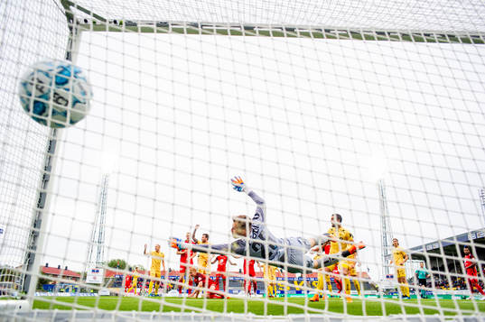 Sivert Heltne Nilsen of Brann scores the 0-1 goal behind