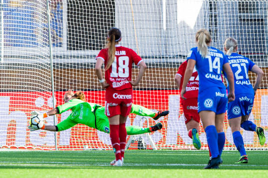 Linköpings målvakt Matilda Haglund räddar en straff
