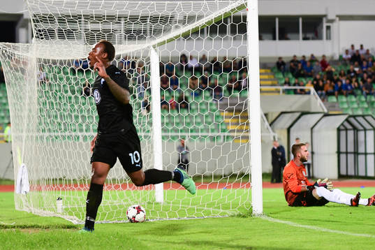 Carlos Strandberg of Malmö FF celebrates scoring 0-1