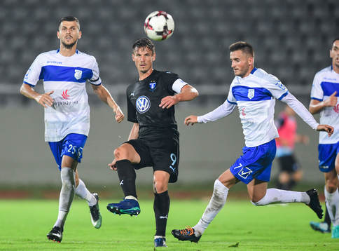 Bujar Shabani and Endrit Krasniqi of Drita competes for the