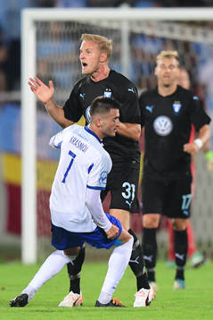 Franz Brorsson of Malmö FF reacts towards the referee in